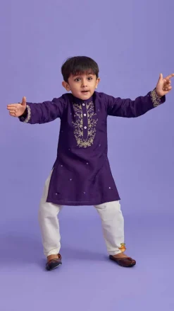 Outlet Purple Faux Mirror Work Kurta With Pyjama BOY Twinning Sets | Indian Ethnic Wear
