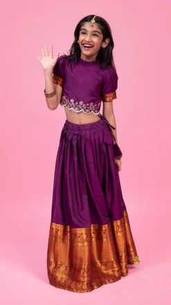Clearance Purple Floral Embroidered Top And Pleated Lehenga Ethnic Wear | Lehengas & Ghagras