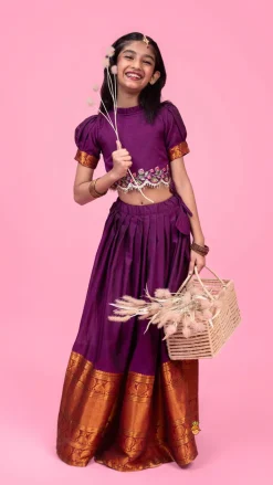 Clearance Purple Floral Embroidered Top And Pleated Lehenga Ethnic Wear | Lehengas & Ghagras
