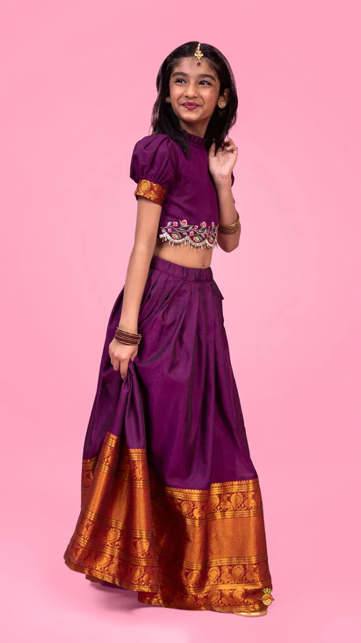Clearance Purple Floral Embroidered Top And Pleated Lehenga Ethnic Wear | Lehengas & Ghagras