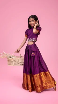Clearance Purple Floral Embroidered Top And Pleated Lehenga Ethnic Wear | Lehengas & Ghagras