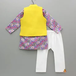 New Purple Floral Printed Kurta With Yellow Jacket And Pyjama BOY Indian Ethnic Wear | Ethnic Sets