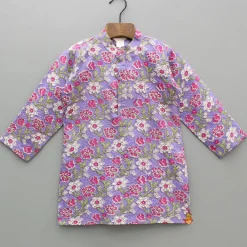 New Purple Floral Printed Kurta With Yellow Jacket And Pyjama BOY Indian Ethnic Wear | Ethnic Sets