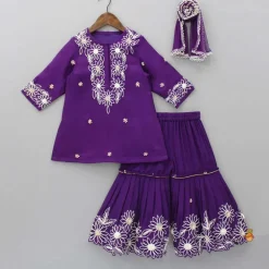 Discount Purple Front Placket Kurti And Pleated Sharara With Net Dupatta Ethnic Wear | Palazzos & Shararas