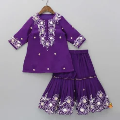 Discount Purple Front Placket Kurti And Pleated Sharara With Net Dupatta Ethnic Wear | Palazzos & Shararas