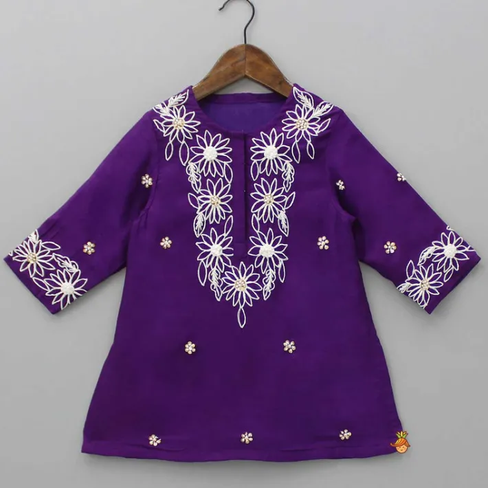 Discount Purple Front Placket Kurti And Pleated Sharara With Net Dupatta Ethnic Wear | Palazzos & Shararas