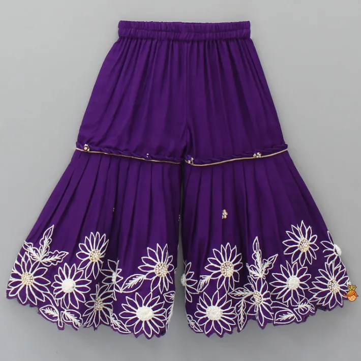 Discount Purple Front Placket Kurti And Pleated Sharara With Net Dupatta Ethnic Wear | Palazzos & Shararas