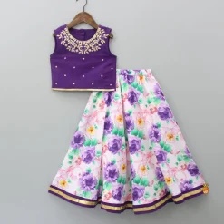 Hot Purple Gota Lace Embroidered Top With Floral Printed Lehenga And Dupatta Ethnic Wear | Lehengas & Ghagras