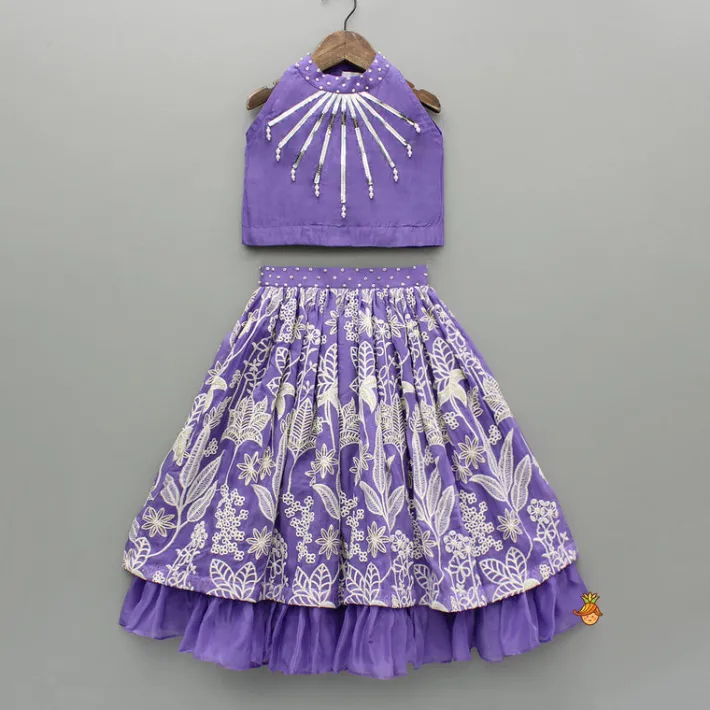 Discount Purple Halter Neck Top And Thread Embroidered Lehenga Ethnic Wear | Lehengas & Ghagras