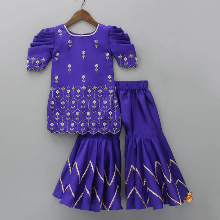 Sale Purple Hand Embroidered Kurti With Sharara And Net Dupatta Ethnic Wear | Palazzos & Shararas