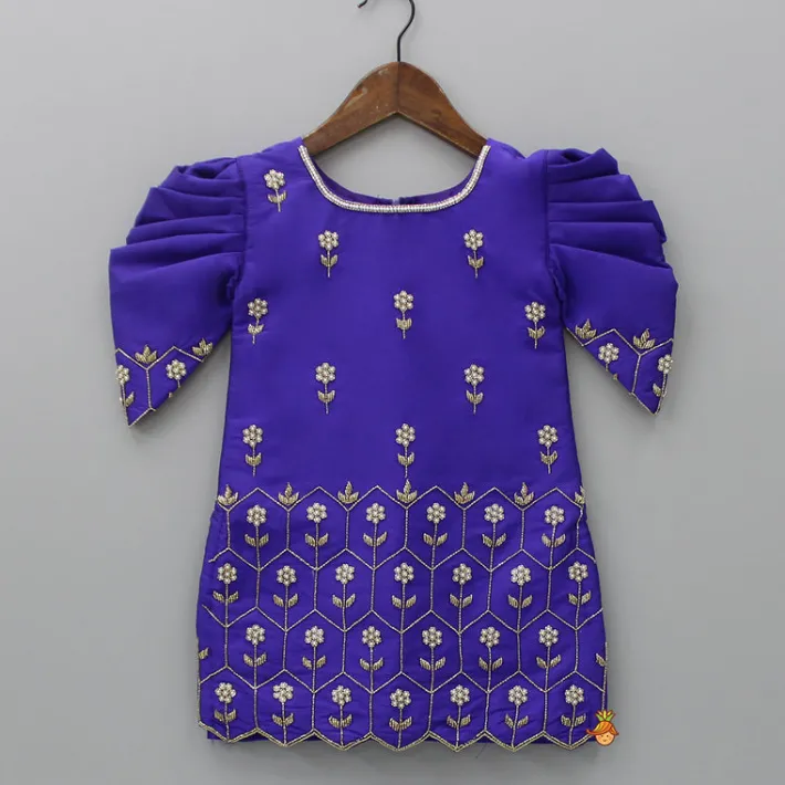 Sale Purple Hand Embroidered Kurti With Sharara And Net Dupatta Ethnic Wear | Palazzos & Shararas