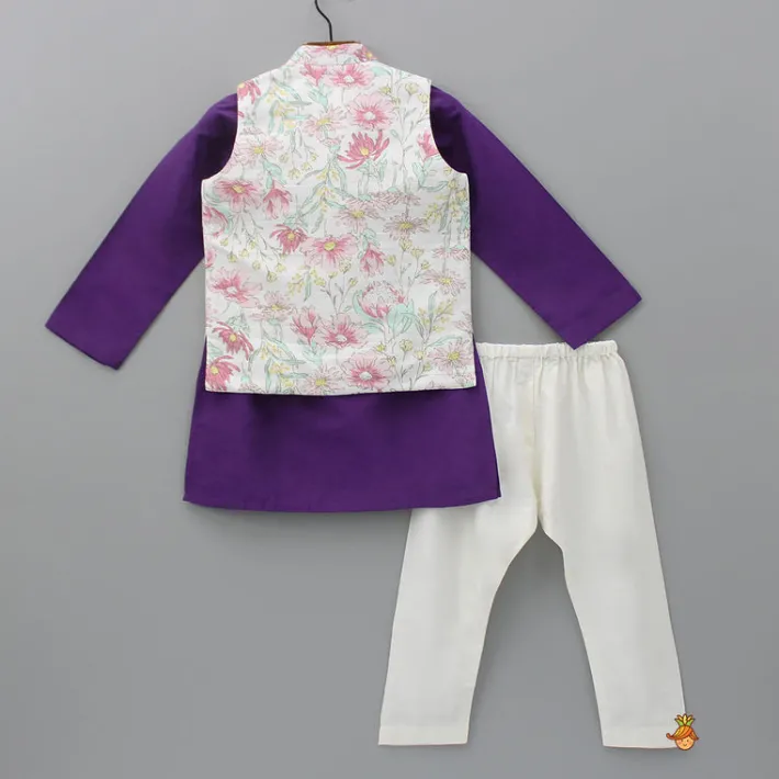 Clearance Purple Kurta And Floral Printed Jacket With Pyjama BOY Twinning Sets | Indian Ethnic Wear