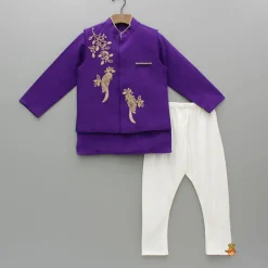 Sale Purple Kurta With Bird Embroidered Jacket And Pyjama BOY Indian Ethnic Wear | Ethnic Sets