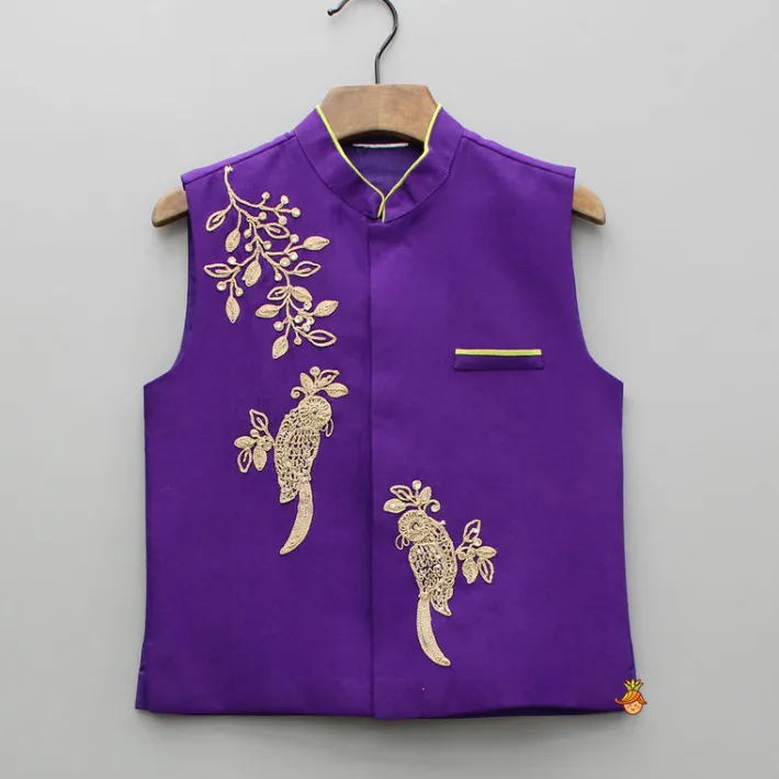 Sale Purple Kurta With Bird Embroidered Jacket And Pyjama BOY Indian Ethnic Wear | Ethnic Sets