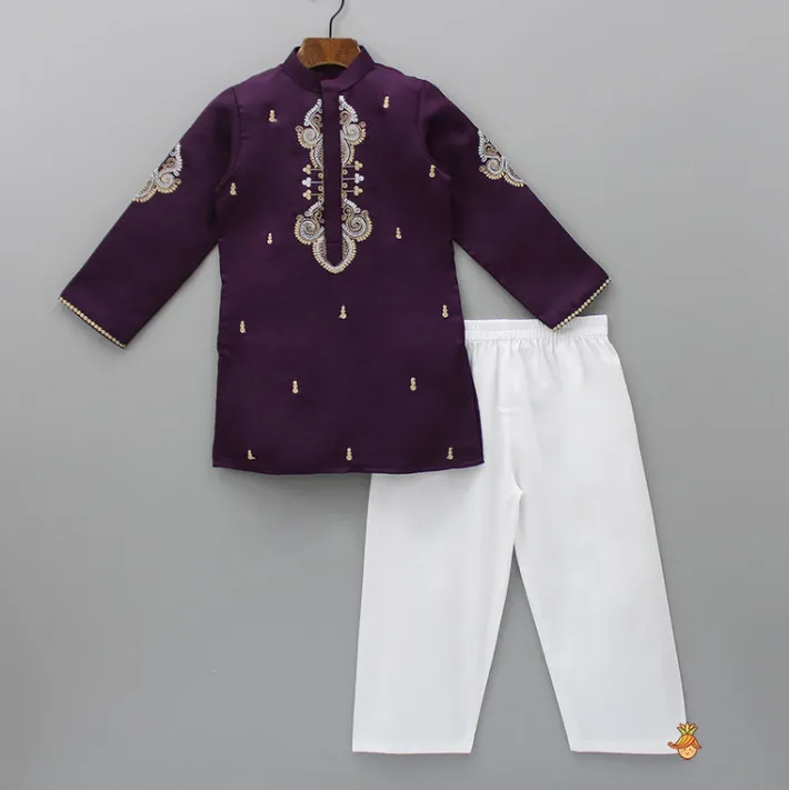 Sale Purple Kurta With Dori Embroidery And Pyjama BOY Indian Ethnic Wear | Ethnic Sets