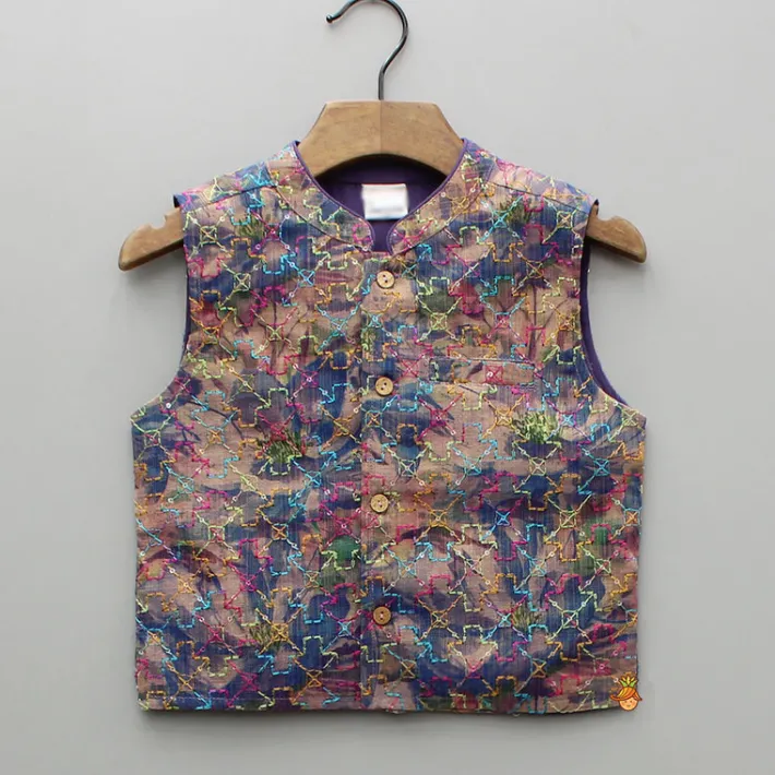 Sale Purple Multicolour Printed Kurta With Embroidered Jacket And Pyjama BOY Indian Ethnic Wear | Ethnic Sets