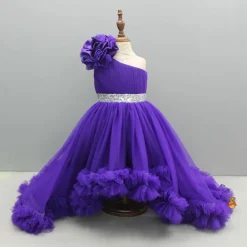 Hot Purple One Shoulder High Low Dress With Matching Head Band And Detachable Bow Dresses & Sets | Dresses