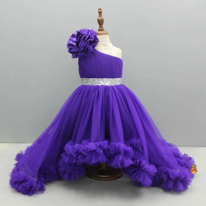 Hot Purple One Shoulder High Low Dress With Matching Head Band And Detachable Bow Dresses & Sets | Dresses