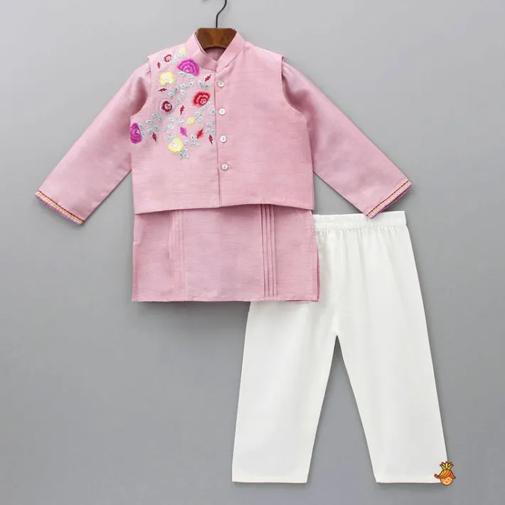 Clearance Purple Pintuck Kurta And Thread Embroidered Jacket With Pyjama BOY Twinning Sets | Indian Ethnic Wear