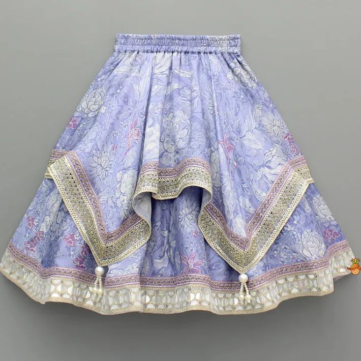 New Purple Printed Lace Detailed Top And Flap Lehenga With Ruffled Layered Dupatta Ethnic Wear | Lehengas & Ghagras