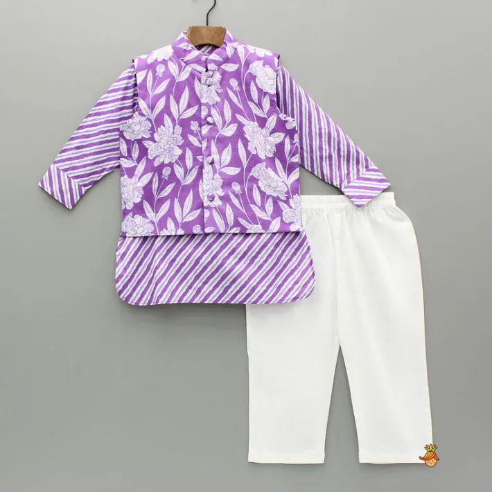Fashion Purple Striped Kurta And Floral Printed Jacket With Pyjama BOY Indian Ethnic Wear | Ethnic Sets