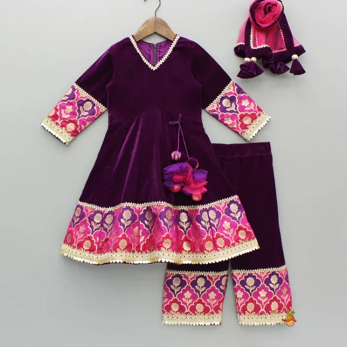 Online Purple Velvet Lace Detailed Kurti And Pant With Dupatta Ethnic Wear | Churidars & Salwars