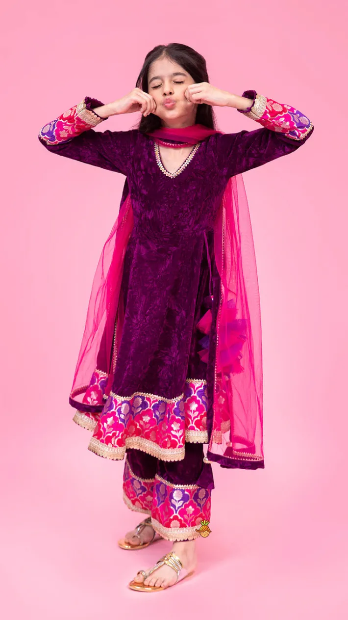Online Purple Velvet Lace Detailed Kurti And Pant With Dupatta Ethnic Wear | Churidars & Salwars