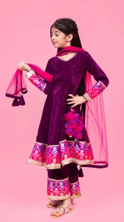 Online Purple Velvet Lace Detailed Kurti And Pant With Dupatta Ethnic Wear | Churidars & Salwars