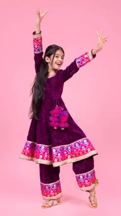 Online Purple Velvet Lace Detailed Kurti And Pant With Dupatta Ethnic Wear | Churidars & Salwars