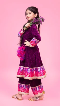 Online Purple Velvet Lace Detailed Kurti And Pant With Dupatta Ethnic Wear | Churidars & Salwars