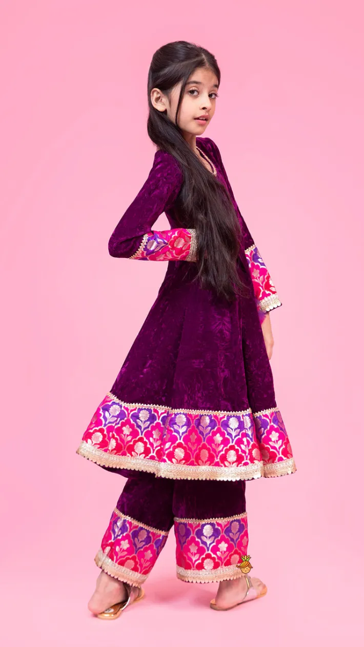Online Purple Velvet Lace Detailed Kurti And Pant With Dupatta Ethnic Wear | Churidars & Salwars
