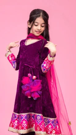 Online Purple Velvet Lace Detailed Kurti And Pant With Dupatta Ethnic Wear | Churidars & Salwars