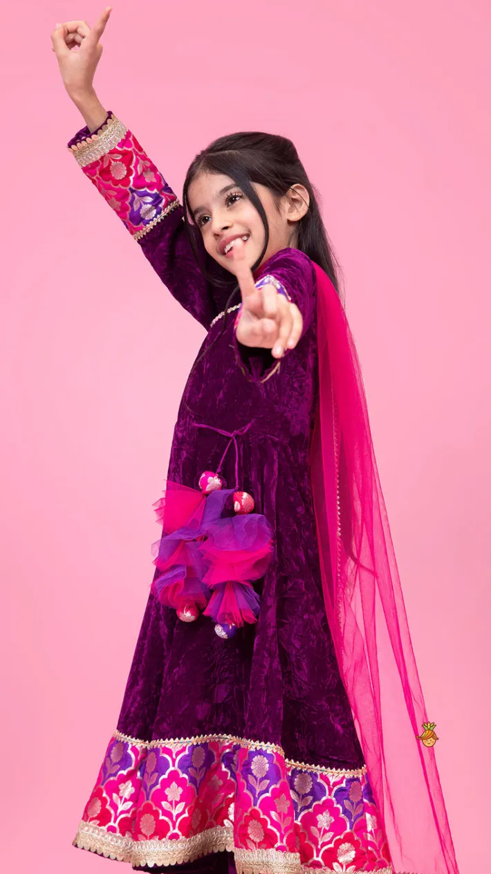 Online Purple Velvet Lace Detailed Kurti And Pant With Dupatta Ethnic Wear | Churidars & Salwars