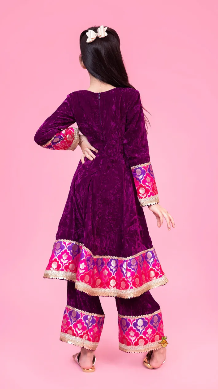 Online Purple Velvet Lace Detailed Kurti And Pant With Dupatta Ethnic Wear | Churidars & Salwars