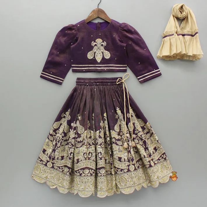 Sale Purple Yoke-Embroidered Shimmery Top And Lehenga With Dupatta Ethnic Wear | Lehengas & Ghagras