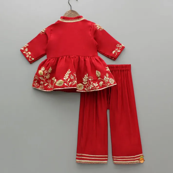 Fashion Red Angarkha Style Embroidered Peplum Kurti And Pant Ethnic Wear | Churidars & Salwars