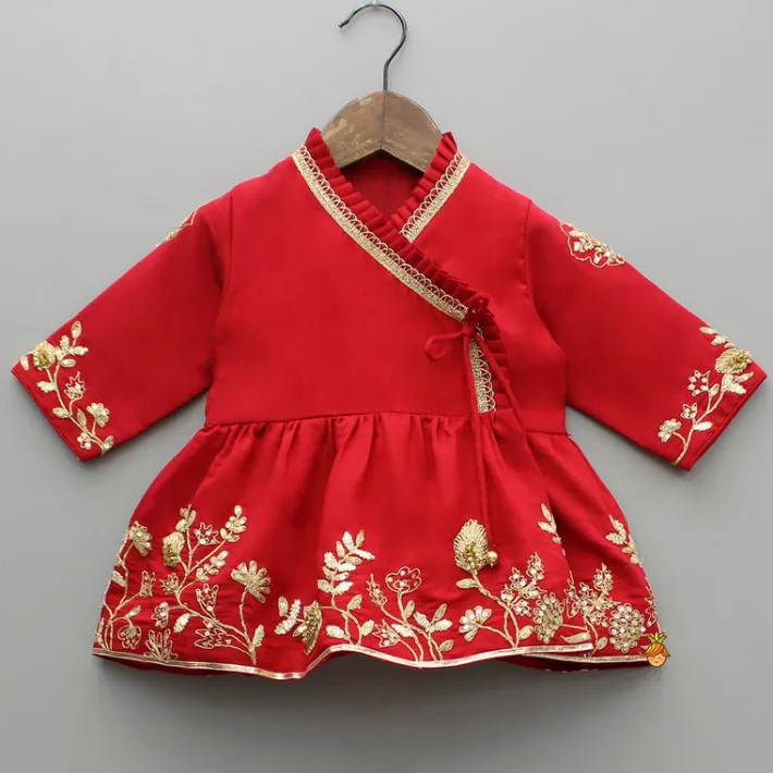 Fashion Red Angarkha Style Embroidered Peplum Kurti And Pant Ethnic Wear | Churidars & Salwars