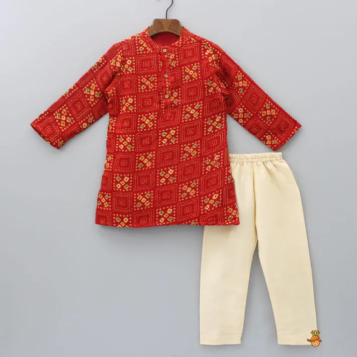 Best Red Bandhani Printed Kurta With Beige Pyjama BOY Indian Ethnic Wear | Ethnic Sets