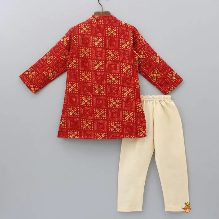 Best Red Bandhani Printed Kurta With Beige Pyjama BOY Indian Ethnic Wear | Ethnic Sets