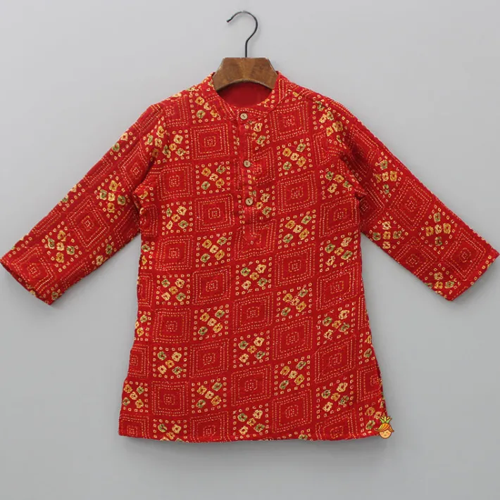 Best Red Bandhani Printed Kurta With Beige Pyjama BOY Indian Ethnic Wear | Ethnic Sets