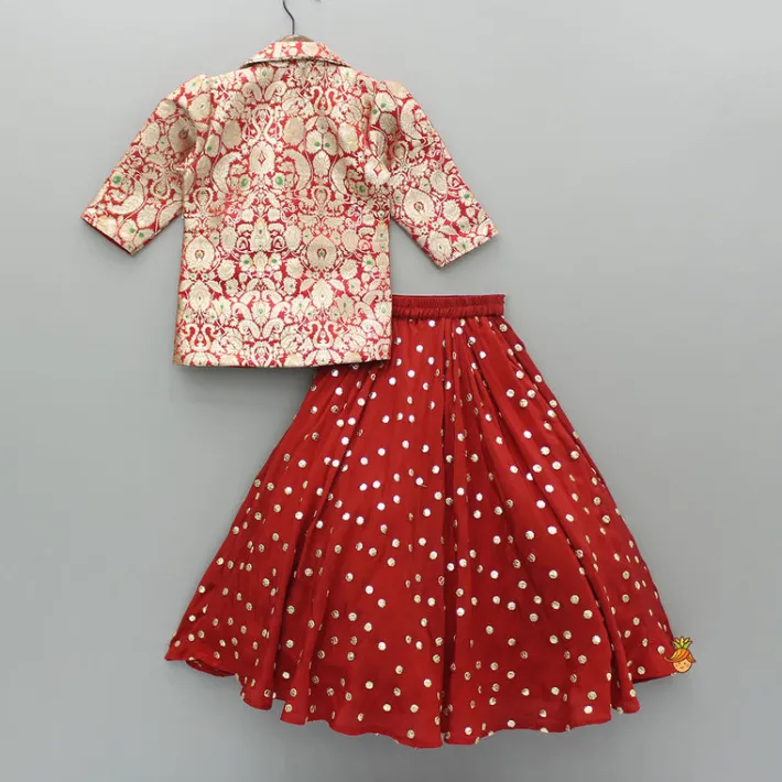 Clearance Red Brocade Jacket Style Top And Lehenga Ethnic Wear | Lehengas & Ghagras