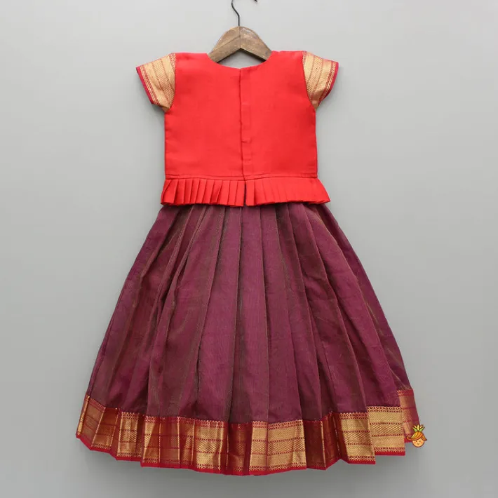 Hot Red Chanderi Embroidered Top And Maroon Pleated Lehenga With Attached Sleeveless Inner Ethnic Wear | Lehengas & Ghagras