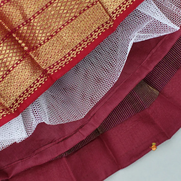 Hot Red Chanderi Embroidered Top And Maroon Pleated Lehenga With Attached Sleeveless Inner Ethnic Wear | Lehengas & Ghagras
