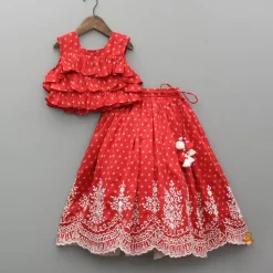 Best Red Chanderi Printed Ruffled Top And Embroidered Lehenga Ethnic Wear | Lehengas & Ghagras