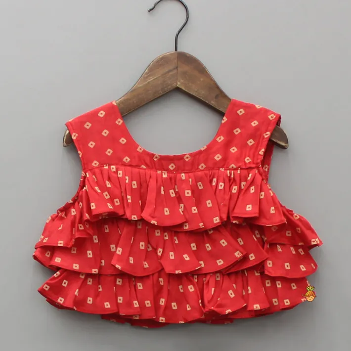 Best Red Chanderi Printed Ruffled Top And Embroidered Lehenga Ethnic Wear | Lehengas & Ghagras