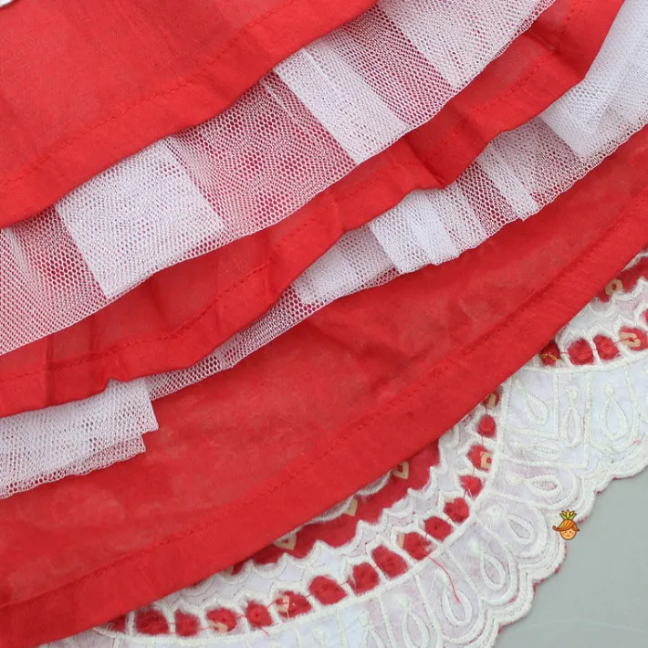 Best Red Chanderi Printed Ruffled Top And Embroidered Lehenga Ethnic Wear | Lehengas & Ghagras