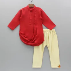 Sale Red Cowl Style Kurta And Beige Pyjama With Embroidered Jacket BOY Indian Ethnic Wear | Ethnic Sets