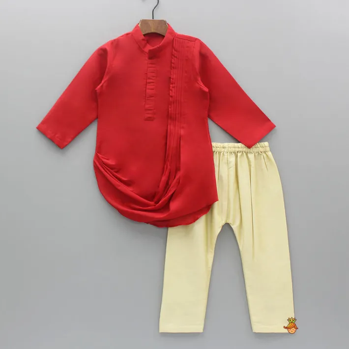 Sale Red Cowl Style Kurta And Beige Pyjama With Embroidered Jacket BOY Indian Ethnic Wear | Ethnic Sets