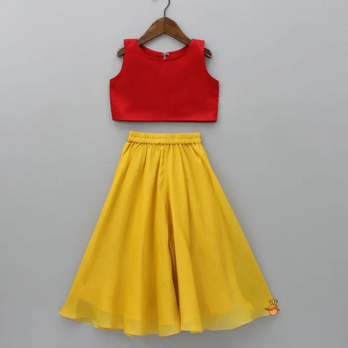 Outlet Red Crop Top With Notched Collar Jacket And Flared Palazzo Ethnic Wear | Palazzos & Shararas
