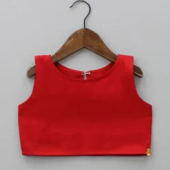 Outlet Red Crop Top With Notched Collar Jacket And Flared Palazzo Ethnic Wear | Palazzos & Shararas